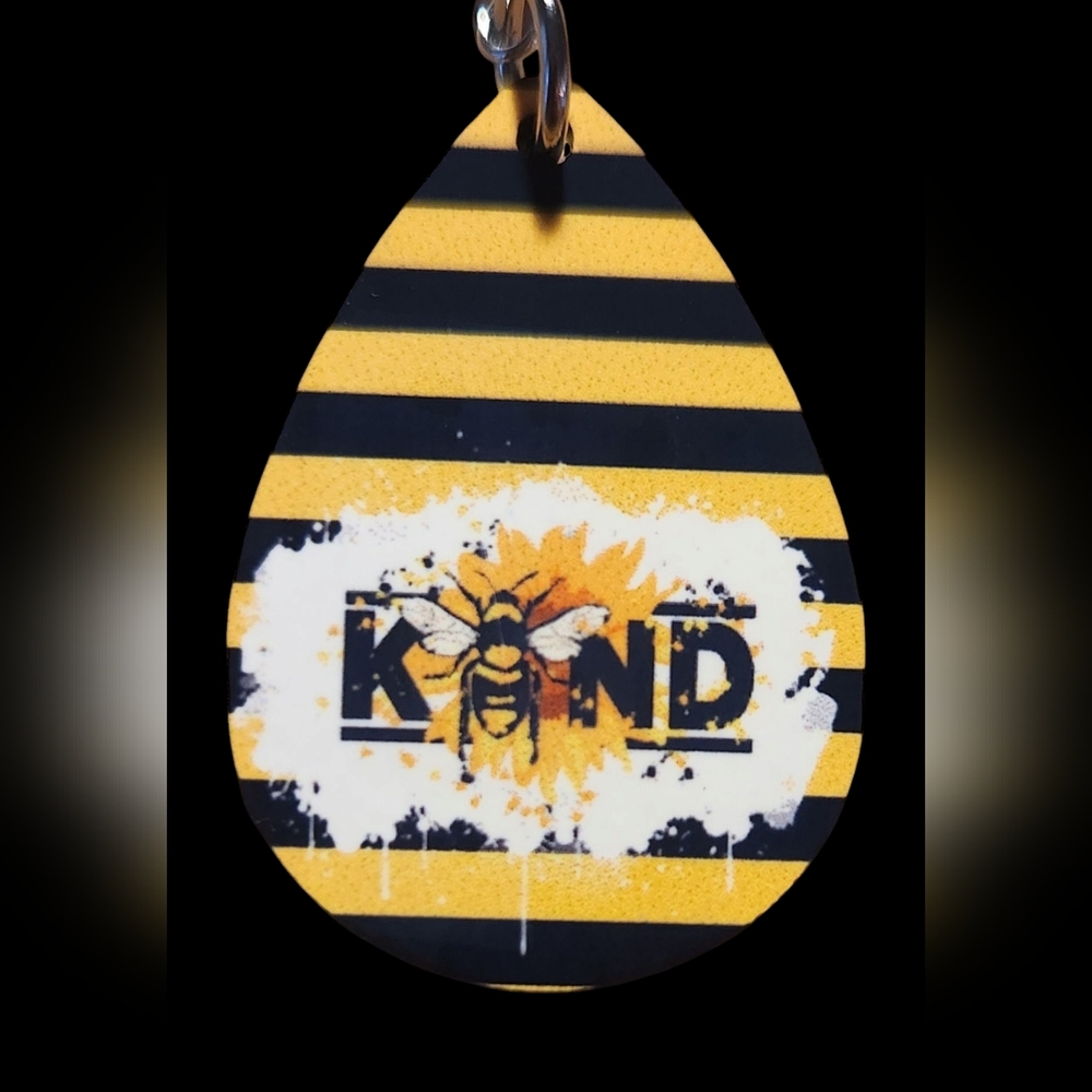 Yellow and Black Striped BEE KIND 🐝 Teardrop Earrings. Hand Crafted - Picture 2 of 2